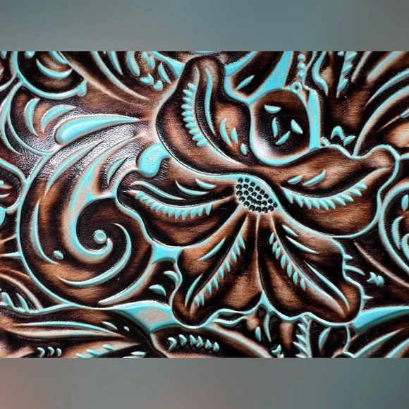 Patricia Nash Turquoise Framed Gracchi Tooled Burnt Leather Crossbody Set - Picture 3 of 16